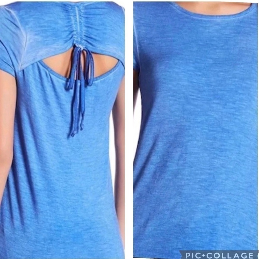 Joseph A NWT Drawstring Open Back Short Sleeve Semi-Sheer Top Blue XL